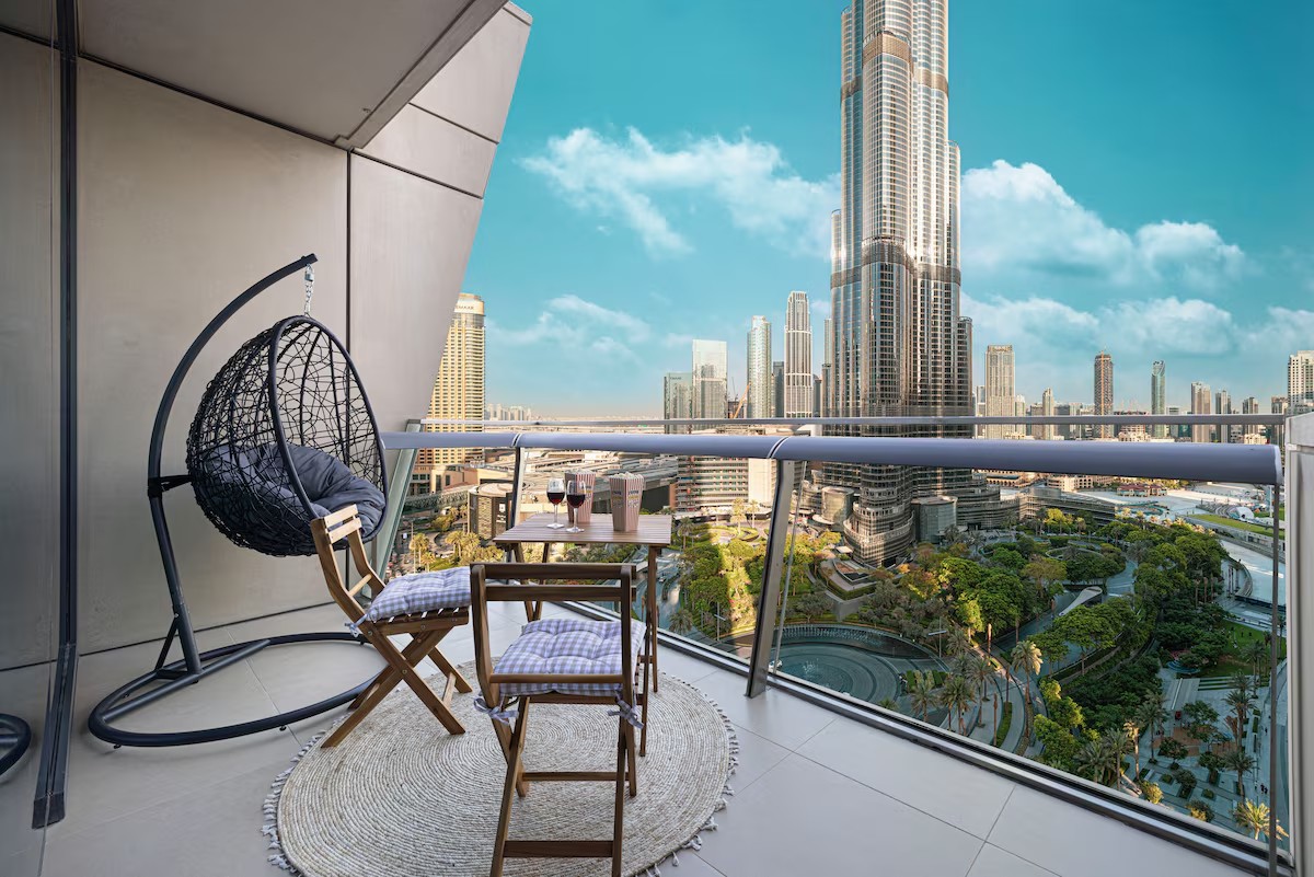 Furnished balcony with a view of the Burj Khalifa in Downtown Dubai